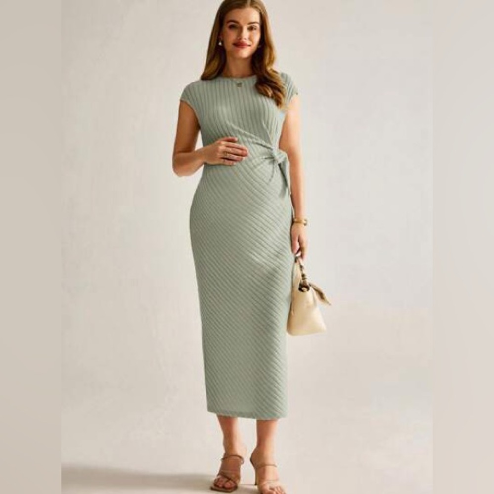 SHEIN Sage Ribbed Midi Maternity Dress